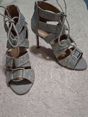 Thalia Sodi Silver Glitter Strappy Lace-Up High Heels